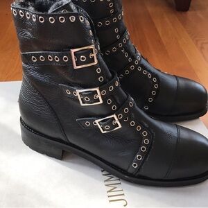 Jimmy Choo Black and Silver Studded Leather & Shearling Boots. Size 39